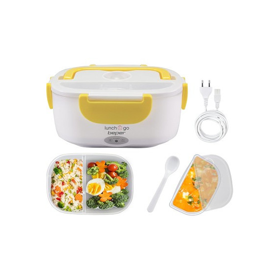 BEPER Fiambrera Electrica 2 En 1 Con Recipientes Extraibles 40W Con Cuchara Blanco Amarillo 90.920G