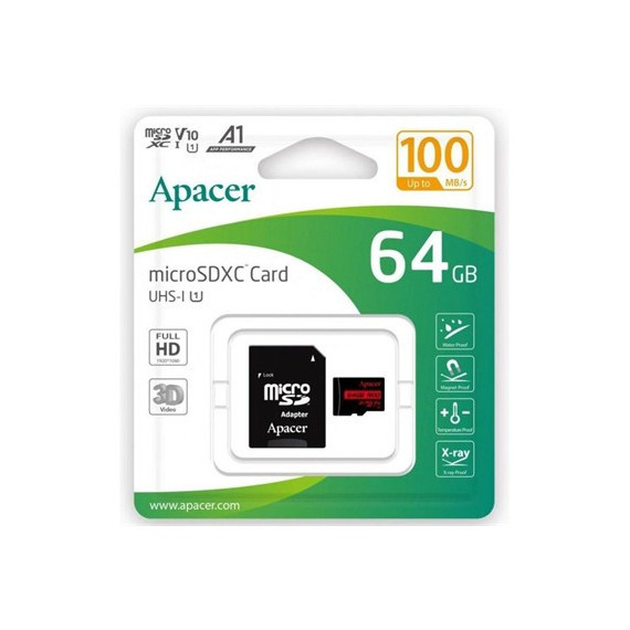 APACER Tarjeta Memoria Micro Sdxc 64GB con Adaptador 100MB/S V10 A1 Full HD