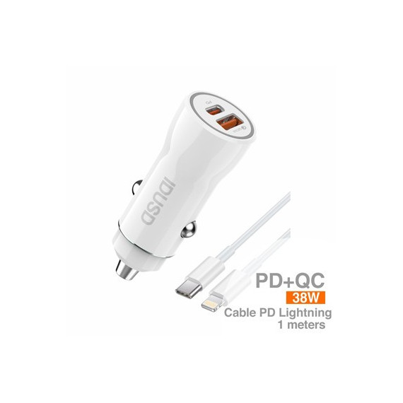 IDUSD Cargador Coche Con 1xUsb/1xTipo C 38W +Cable Tipo C A Lightning 3A F55B