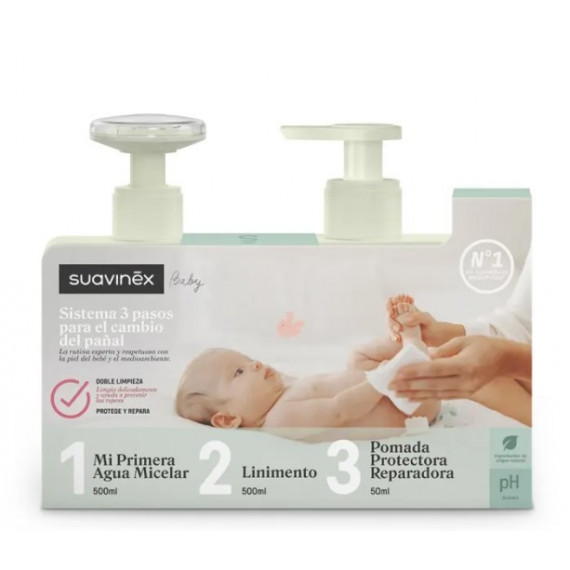 SUAVINEX Baby Sistema 3 Pasos Cambio Pañal 1 Envase 500 Ml Agua Micelar + 1 Envase 500 Ml Linimento