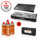 Pack Cocina Gas Portatil con Plancha Doble + 4 Cartuchos Gas AIRMEC