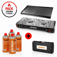 Pack Cocina Gas Portatil con Plancha Doble + 4 Cartuchos Gas AIRMEC
