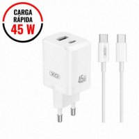 Cargador Rápido 45W USB C 45W + USB a 18W con Cable Tipo C Blanco XO