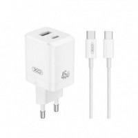 Cargador Rápido 45W USB C 45W + USB a 18W con Cable Tipo C Blanco XO