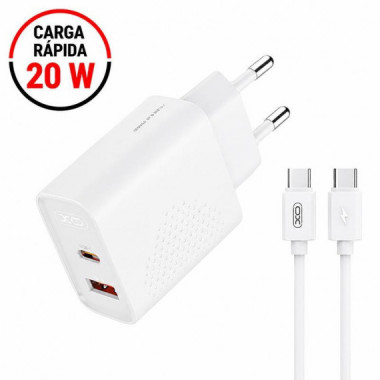 Cargador R&aacute;pido 20W USB a + USB C con Cable Tipo C Blanco XO