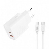 Cargador Rápido 20W USB a + USB C con Cable Tipo C Blanco XO