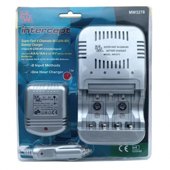 MINWA MW3278 Cargador Rápido de Pilas AA/AAA/9V con Adaptadores