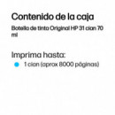 Botella de Tinta Hp 31 Cian 70ML 8000 Páginas (1VU26AE)  HEWLETT PACKARD