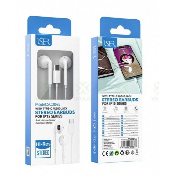 Auriculares con Conector ISER Tipo-c para Serie Iphone 15 Blanco SC3045