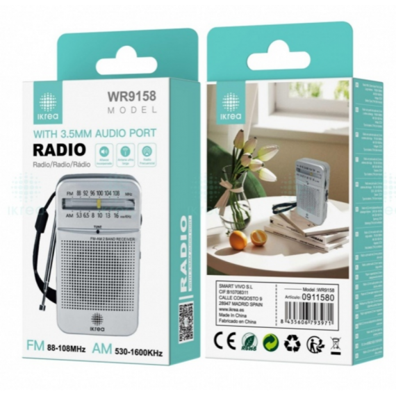 Radio Fm/am IKREA 88-108 Mhz / 530-1600 Khz con Antena Larga, Correa y Audio 3.5MM Blanco (WR9158)