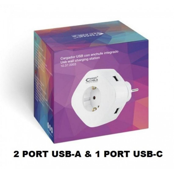 Cargador USB con Enchufe Integrado Nano Cable 2USB-A+1USB-C REF-10370003  NANOCABLE