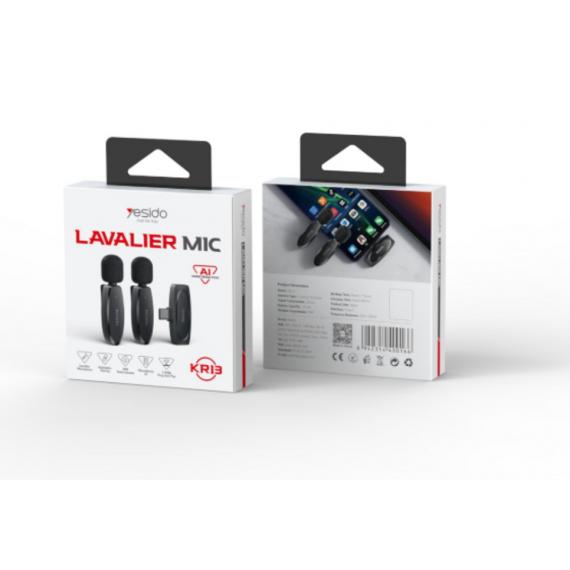 Micrófono YESIDO Doble Lavalier Inalámbrico de Baja Latencia con Receptor Tipo-c (KR13) Negro