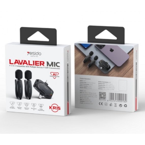 Micrófono YESIDO Lavalier Inalámbrico Dual de Baja Latencia con Receptor 3 en 1 Negro KR15
