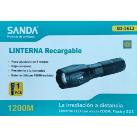 Linterna Sanda Recargable de 1200 Lúmenes con Zoom, Flash y Sos (SD5613)  SDNMY