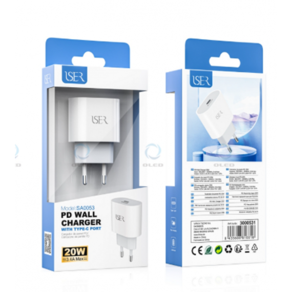 Cargador ISER Pd con Puerto Type-c 20W 3.4A Blanco SA0053