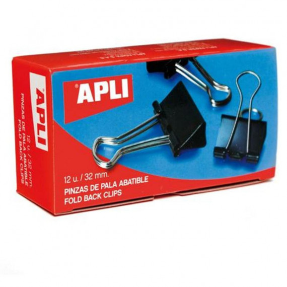 Caja de 12 Pinzas Sujetapapeles Abatibles APLI de 32 Mm en Color Negro