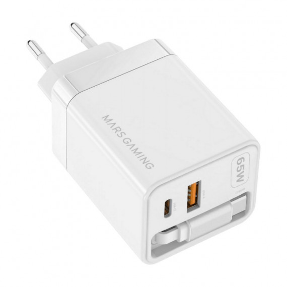 Cargador de Pared MARS GAMING Retráctil Gan 65W Usb-a/c Blanco (MDGAN65RW)