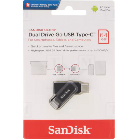 Pendrive SANDISK Ultra Dual Drive Go USB 3.1/USB Type-c para Pc/mac/ipad 64GB Negro