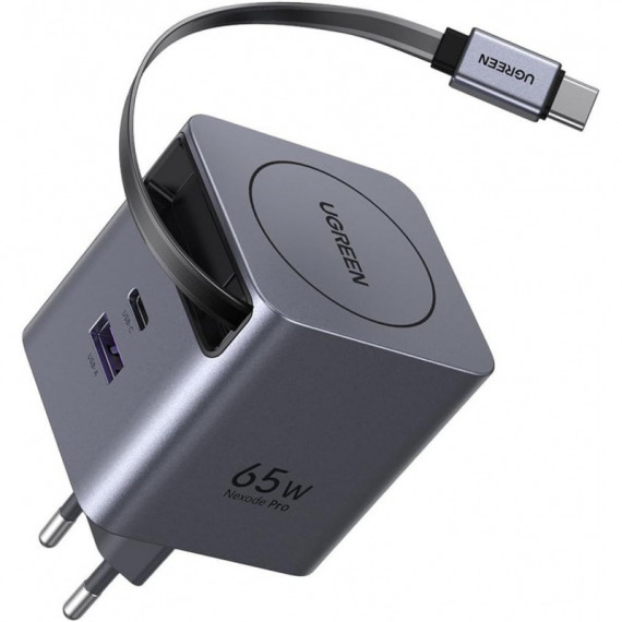Cargador UGREEN Gan 65W 1XUSB-A 1XUSB-C Carga Rápida Cable Retráctil Gris (65825)
