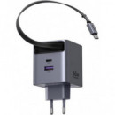 Cargador UGREEN Gan 65W 1XUSB-A 1XUSB-C Carga Rápida Cable Retráctil Gris (65825)