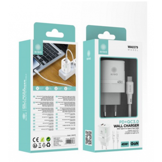 Cargador IKREA Pd+qc 3.0 2 Puertos Usb-a/type-c con Cable Type-c a Type-c 45W Gan Blanco WA0379