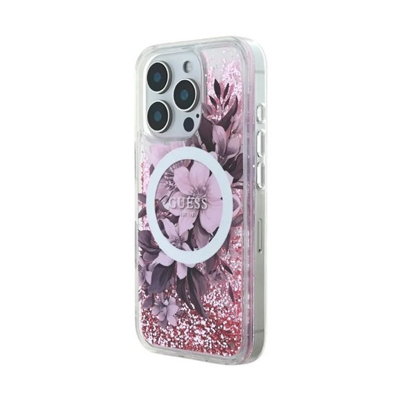 GUESS CARCASA MAGSAFE LIQUID GLITTER FLOWER IPHONE 16 PRO ROSA