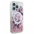 GUESS CARCASA MAGSAFE LIQUID GLITTER FLOWER IPHONE 16 PRO ROSA