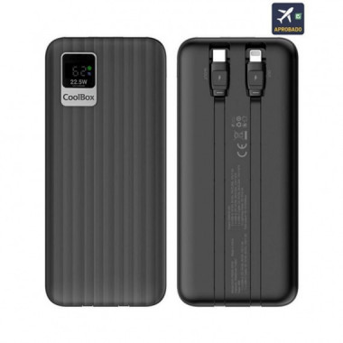 Power Bank CoolBox DP20 20000mAh con USB-C y Lightning Integrados, Carga R&aacute;pida 22.5W, Negra