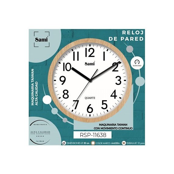 SAMI Reloj de Pared Analogico RSP-11638 Madera Pino Silencioso