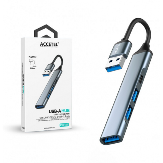 Adaptador Hub ACCETEL 4 en 1 Usb-a con 3 Puertos USB 3.0 + 1 Puerto Usb-c PCH411