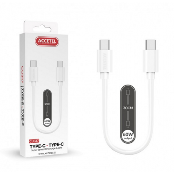 Cable Datos ACCETEL Carga Rápida 60W Usb-c a Usb-c 3A Blanco (0.30M) CU317