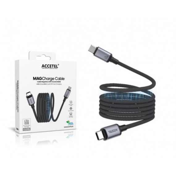 Cable Magnético ACCETEL Enrollable Usb-c a Usb-c 60W 1M CU2916 Negro