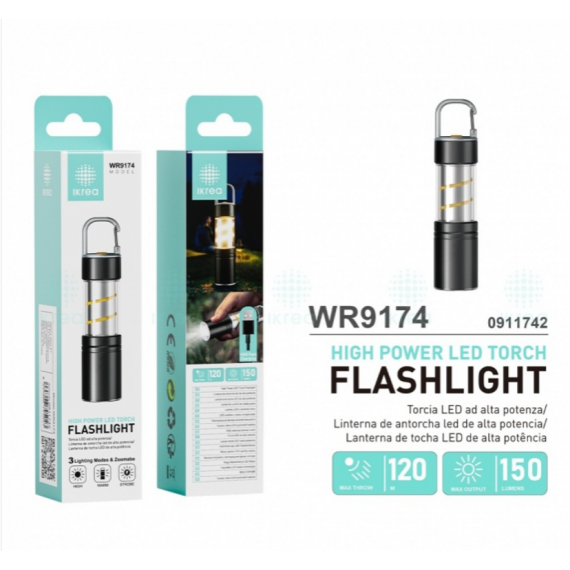 Linterna IKREA de Antorcha Led Alta Potencia Interfaz USB 3 Modos 120M 150 Lúmenes WR9174