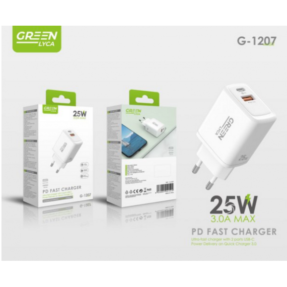 Cargador Ultra Rápido GREEN LYCA Pd con 1 Puerto Usb-c 25W 3.0 Soporte de Voltaje G-1207