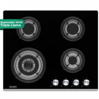 Encimera de Gas SVAN SGW4600N Cristal Negro con 4 Quemadores y Wok
