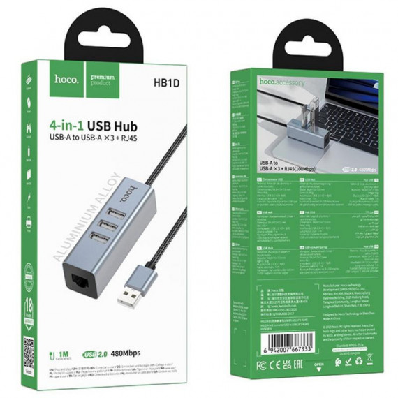 Adaptador HOCO HB1D Hub Usb-a 4 en 1 con 3X USB 2.0 y Ethernet RJ45
