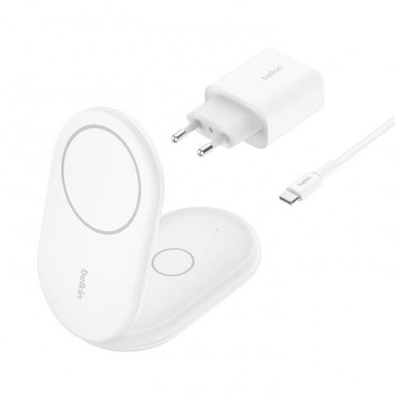 Base de Carga Inalámbrica Plegable Belkin 2 en 1 Qi2 15W Blanca (WIZ028VFWH)