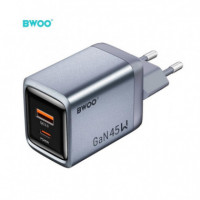 BWOO Cargador Rápido Gan 45W Doble Puerto Usb-c Gris (BO-CDA240)