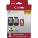 CANON Pack Tinta 510 Negra + 511 Color +50 Hojas 4"X6" Glossy Photo Paper