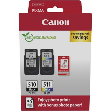 CANON Pack Tinta 510 Negra + 511 Color +50 Hojas 4"X6" Glossy Photo Paper