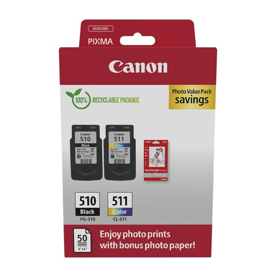 CANON Pack Tinta 510 Negra + 511 Color +50 Hojas 4"X6" Glossy Photo Paper