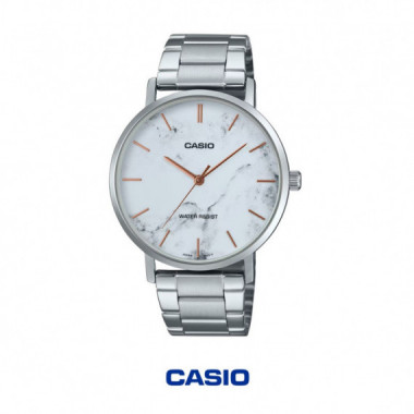 CASIO MTP-VT01DM-7A | Reloj Anal&oacute;gico con Esfera Efecto M&aacute;rmol Blanca