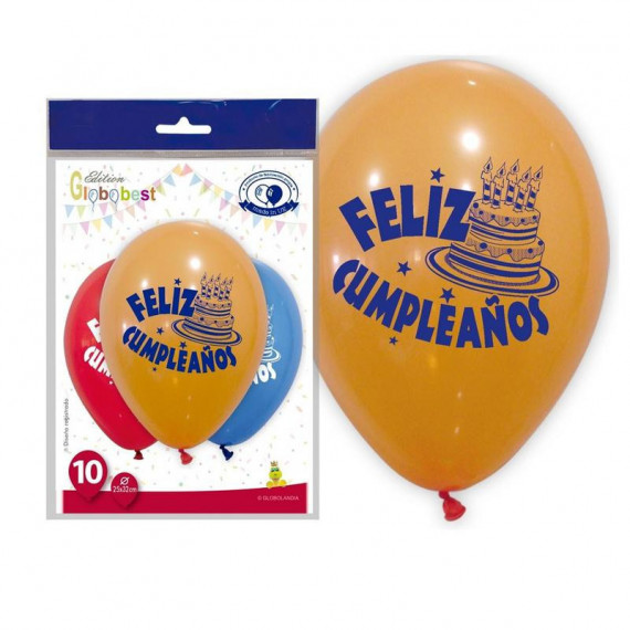Bolsa de 10 Globos Feliz Cumpleaños con Tarta