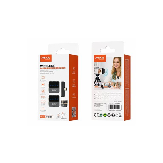 MTK  Microfono Inalambrico DUO Lavalier De Solapa  Adaptador Tipo C y Lightning  TR9489