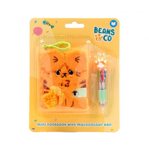 Mini Bloc de Notas de Peluche con Gatos Beans y Bolígrafo Multicolor de 4 Colores