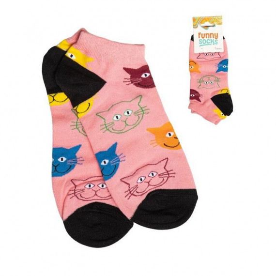 Calcetines Cortos de Algodón con Diseño de Gatos Color Rosa