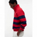 NAUTICAL BLOCK STRIPE 1/4 ZIP MEDIUM RED