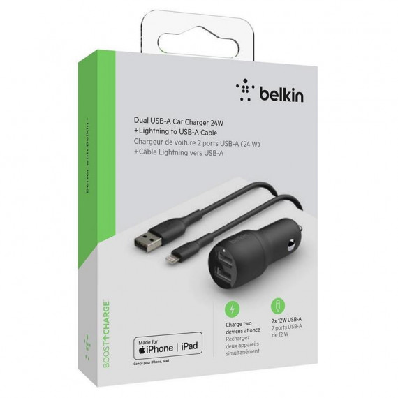 BELKIN Cargador de Coche Doble Usb-a 24W + Cable USB a Lightning 1M Negro (CCD001BT1MBK)