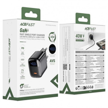 Cargador USB-C Acefast A135 PD 40W GaN con Display Digital Negro