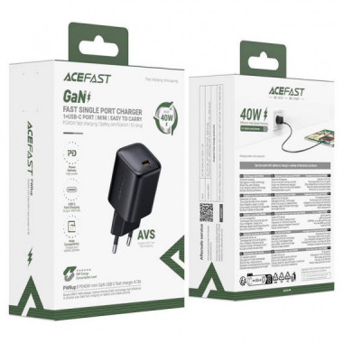 Cargador USB-C Acefast A136 PD40W Mini GaN R&aacute;pido Negro